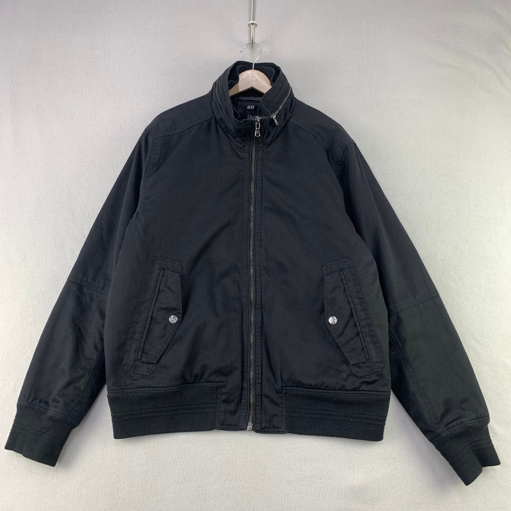 H&M Bomber Jacket Men's 46R Black Full Zip Quilted Lining Pockets Casual